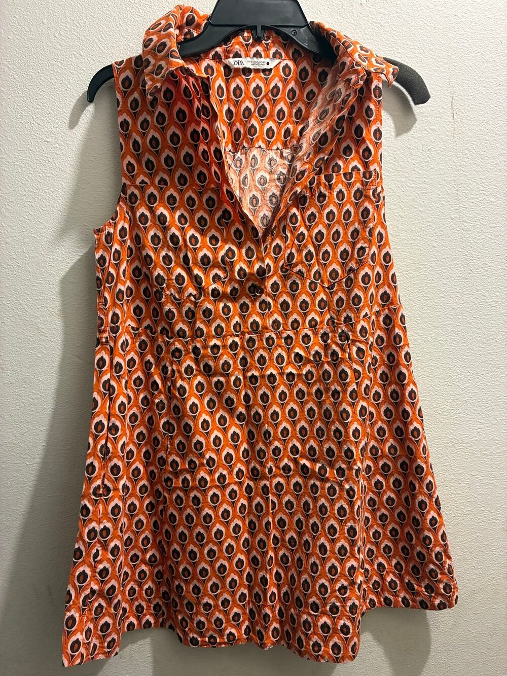 ZARA Retro Geometric Print Sleeveless Tunic Top Orange Brown Collared Medium